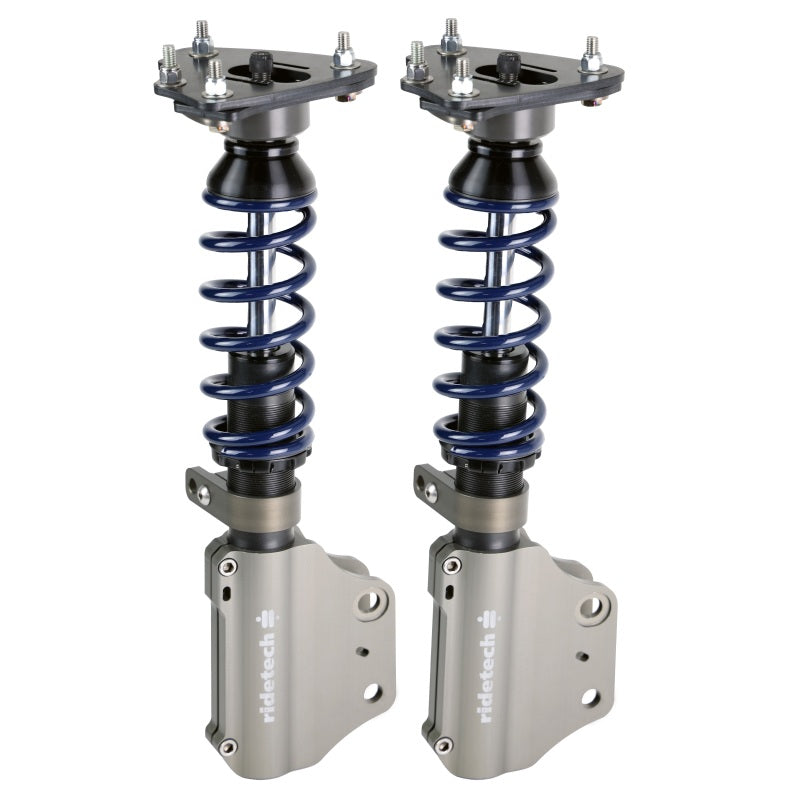 Ridetech HQ front coilovers installed on lowered S650 Mustang GT