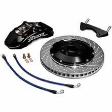 Load image into Gallery viewer, Rotora Street Challenge brake system — black caliper with drilled rotor on a white background