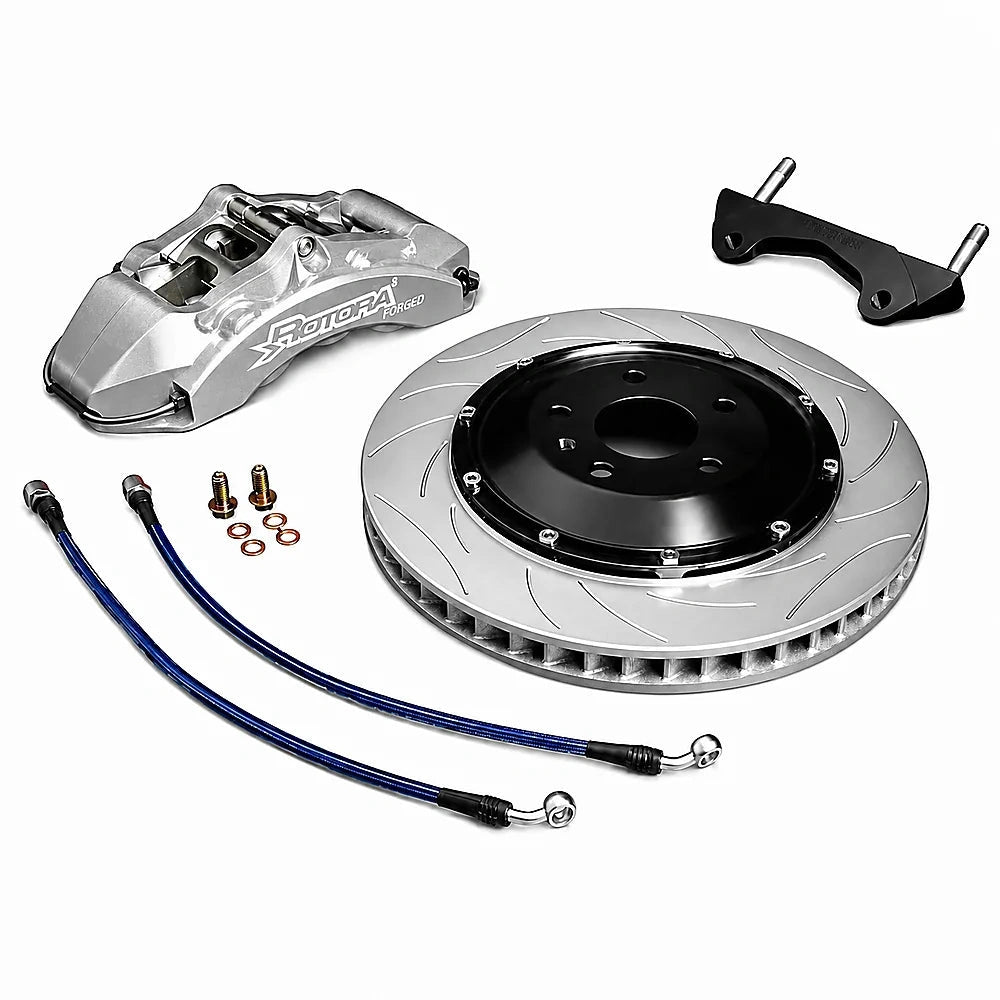 Rotora Street Challenge brake system — Natural-Anodize Finish caliper with slotted rotor on a white background