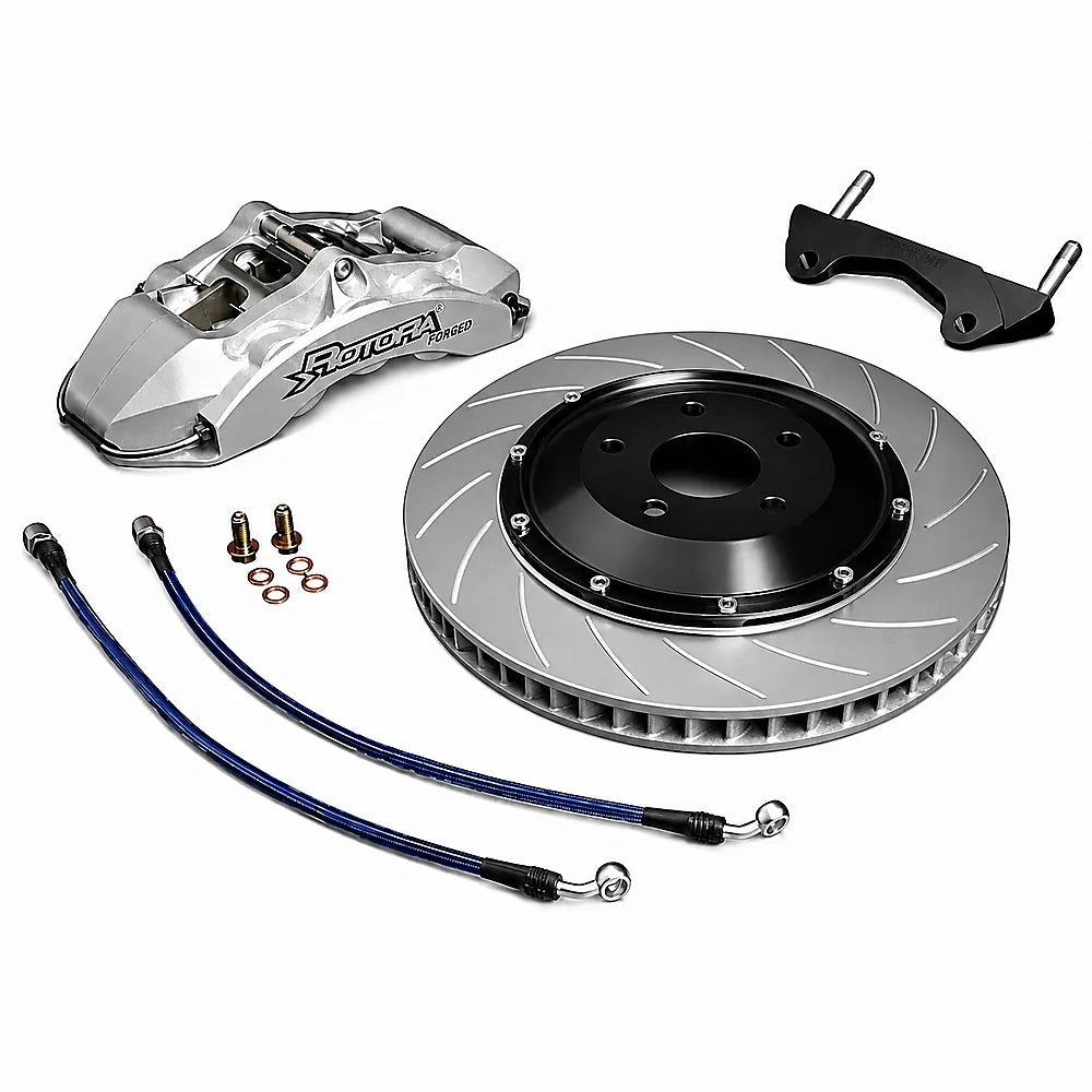 Rotora Street Challenge brake system — Silver caliper with slotted rotor on a white background
