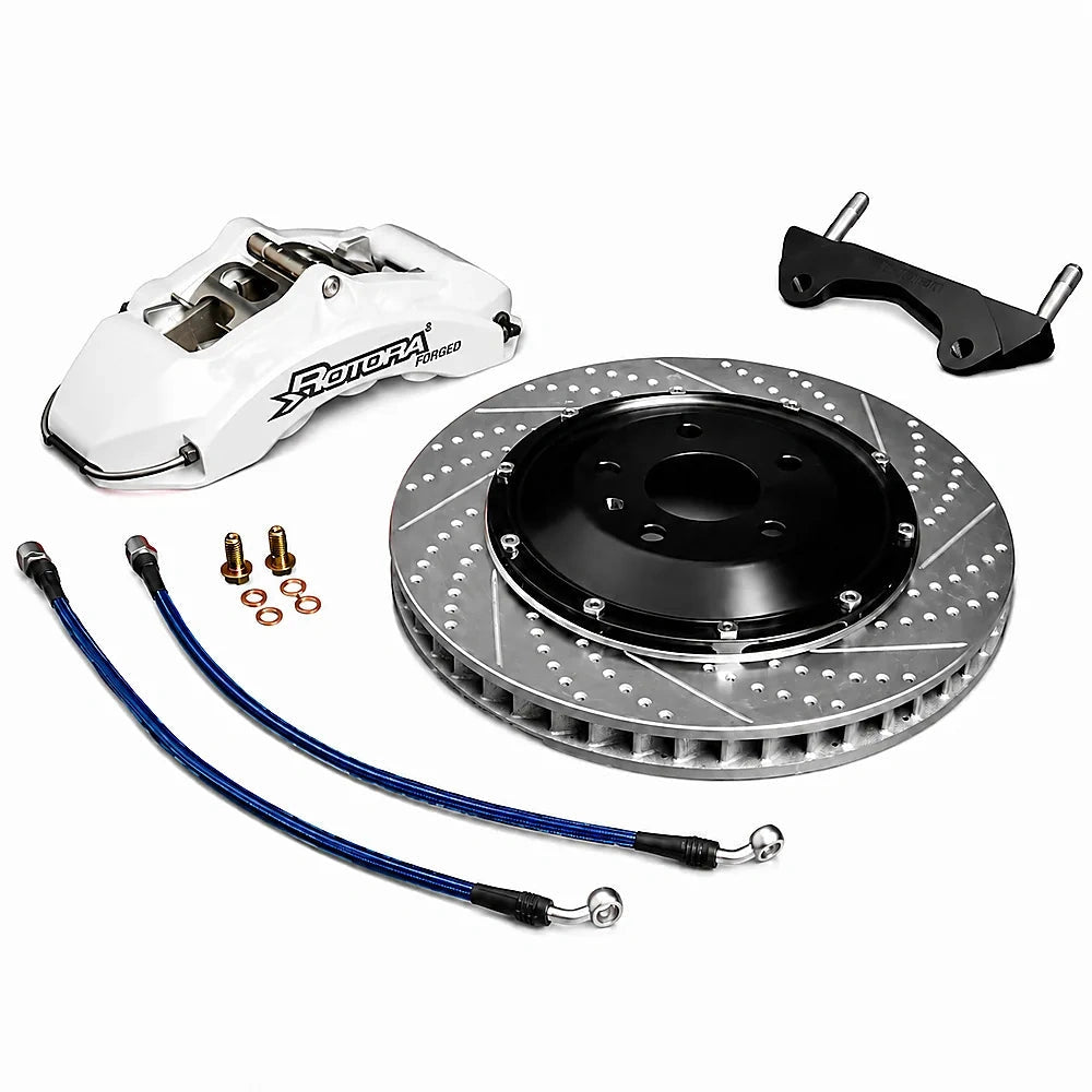 Rotora Street Challenge brake system — White caliper with drilled rotor on a white background