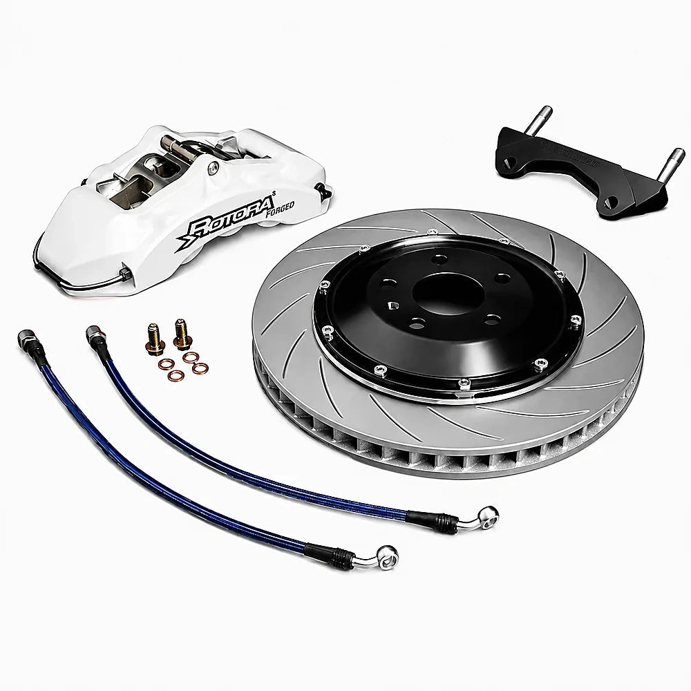 Rotora Street Challenge brake system — White caliper with slotted rotor on a white background