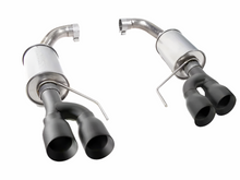 Load image into Gallery viewer, Roush 422097-BLK black-tip axle-back exhaust for 2018-2025 Mustang GT, diagonal studio layout
