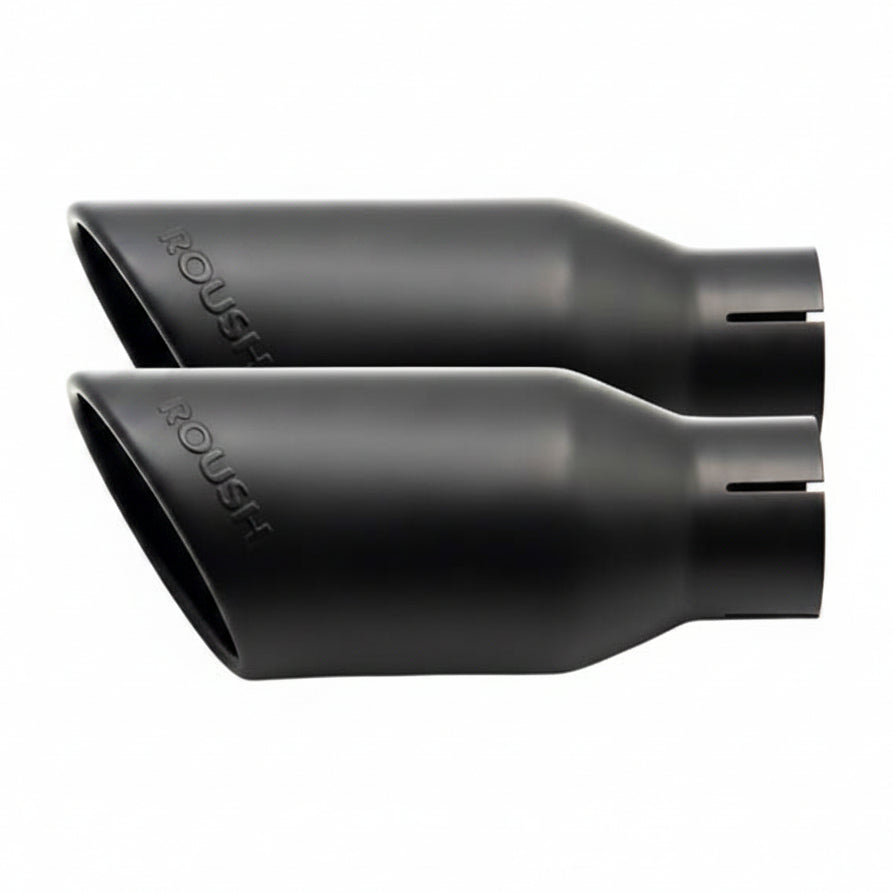 Roush 422318 4-inch black dual exhaust tips for 2015-2024 Ford F-150 5.0L, side profile studio view