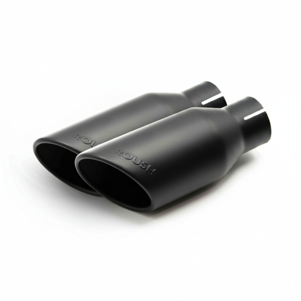 Roush 422318 4-inch black dual exhaust tips for 2015-2024 Ford F-150 5.0L, three-quarter studio view