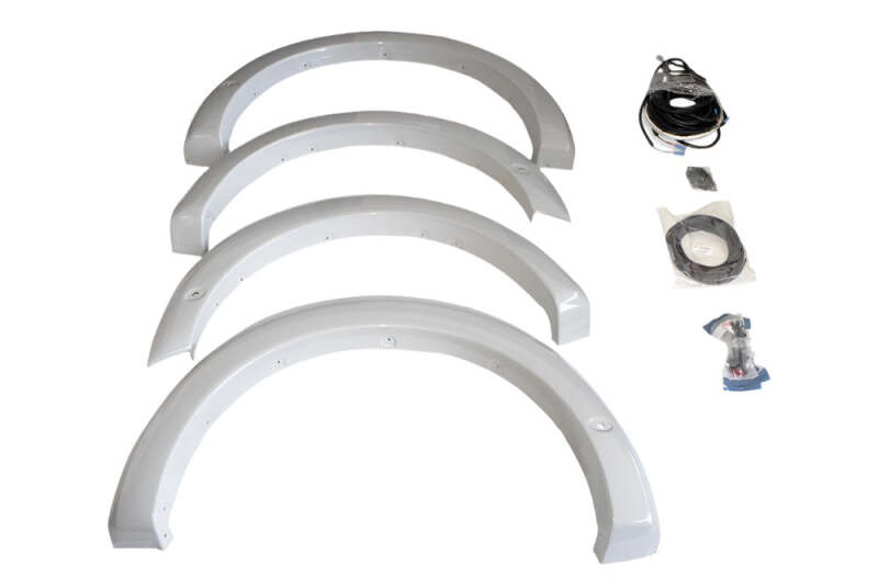 Roush 422332 primed fender flare kit for 2018-2024 Ford F-150, front studio layout of all four flares and accessories