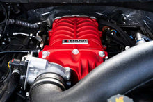 Load image into Gallery viewer, Roush 422349 705HP Red Edition supercharger kit for 2021-2026 F-150, installed front detail with intake plumbing