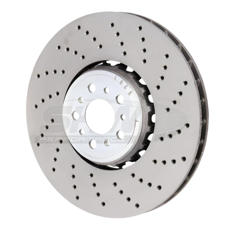 SHW 18-21 BMW M5 4.4L Right Front Cross-Drilled Lightweight Brake Rotor (34117991102) - Black Ops Auto Works