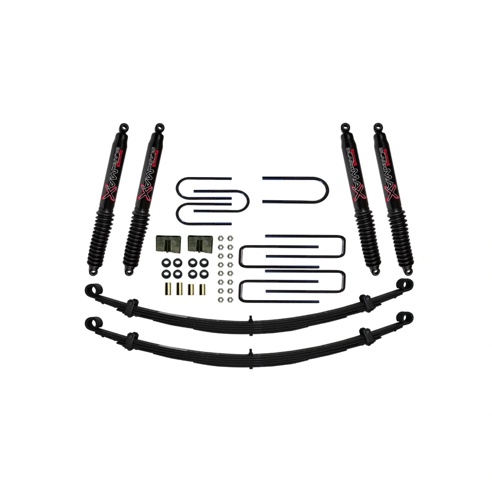 Skyjacker C240AK-B suspension lift kit components on white: leaf springs and mounting hardware, lift blocks and shocks