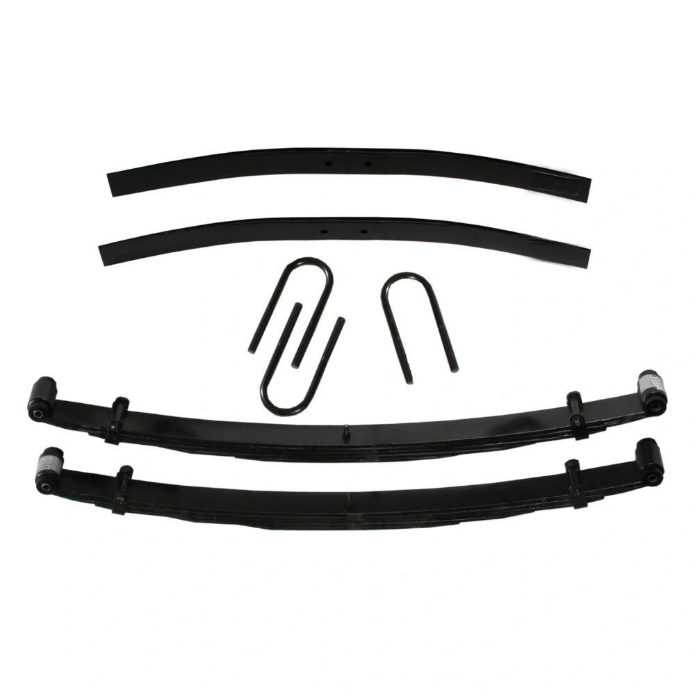 Skyjacker D100CDK-M manufacturer photo showing leaf springs, add-a-leafs and U-bolts on white; shocks not pictured