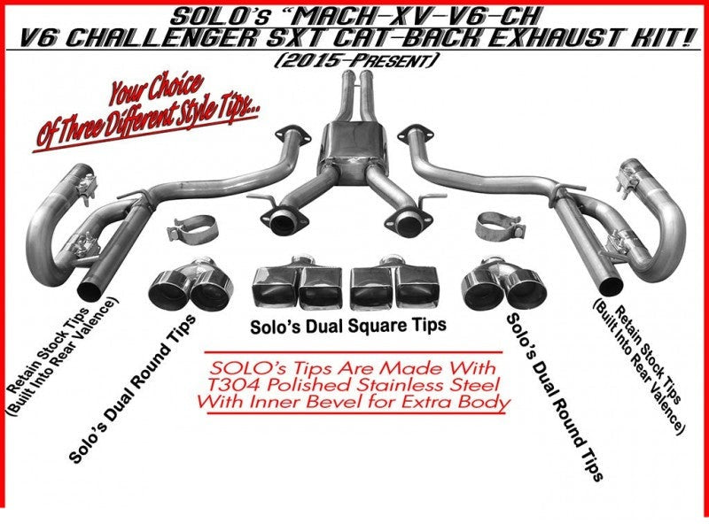 Mach XV-CH Cat Back Dual Exhaust Kit 2015-2022 Dodge Challenger SXT V6, included components overview