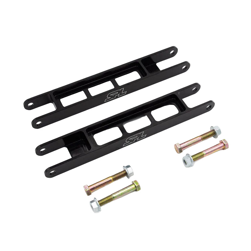 Pair of black SPL Parts BMW rear lower trailing arms with four mounting bolts