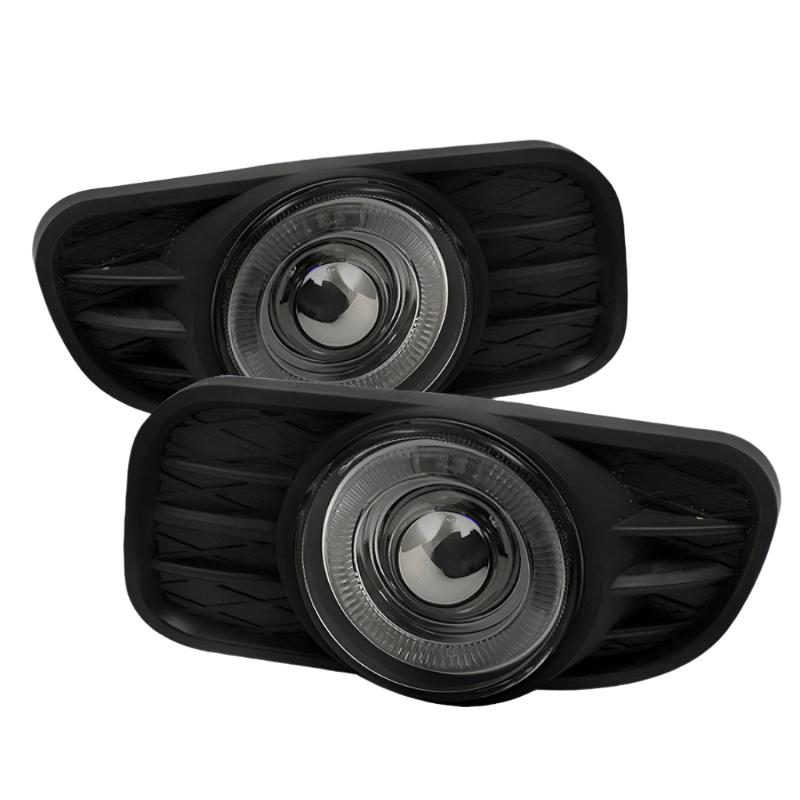 Spyder LED halo rings illuminated on smoked projector fog lights Jeep WJ