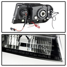 Load image into Gallery viewer, Spyder LED halo rings on black smoke projector headlights Jeep WJ