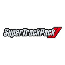 Load image into Gallery viewer, Close-up of Super Track Pack badge showing silver lettering and colored hash marks