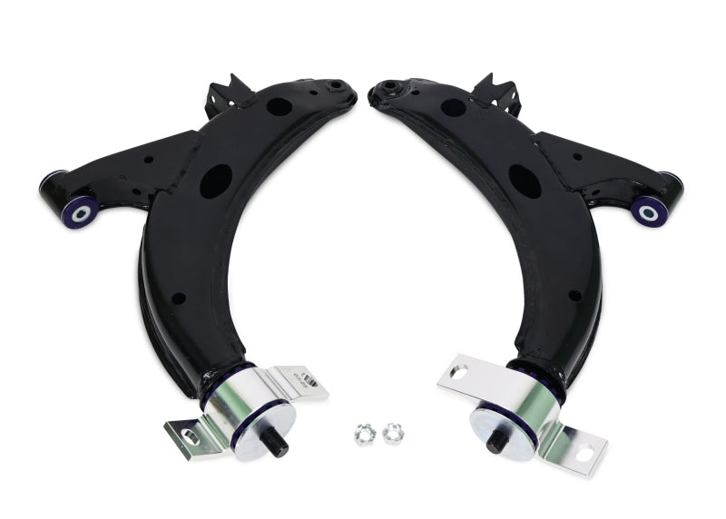 Superpro front lower control arm pair for Subaru Impreza, front view showing ball joint alignment