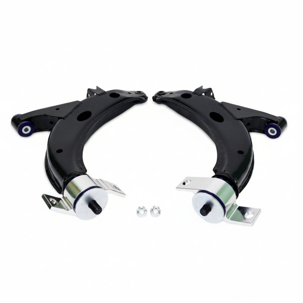 Superpro front lower control arm pair for Subaru Impreza, angled view showing ball joints and bushings