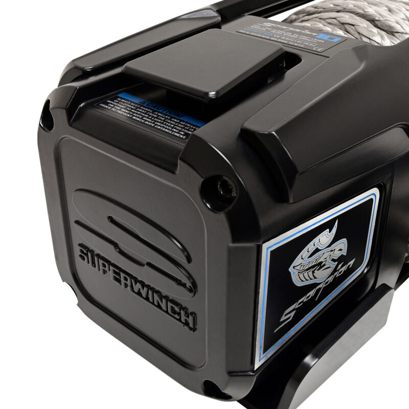 Close-up of Superwinch Scorpion 10000SR winch motor housing and control pack in black powdercoat finish
