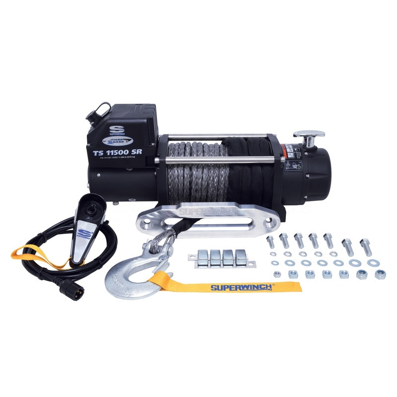 Superwinch 11500 LBS 12V DC 3/8in x 80ft Synthetic Rope Tiger Shark 11500 Winch - Black Ops Auto Works