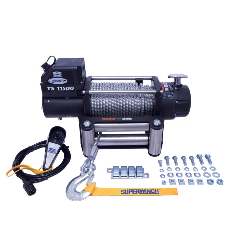 Superwinch 11500 LBS 12V DC 3/8in x 84ft Steel Rope Tiger Shark 11500 Winch - Black Ops Auto Works