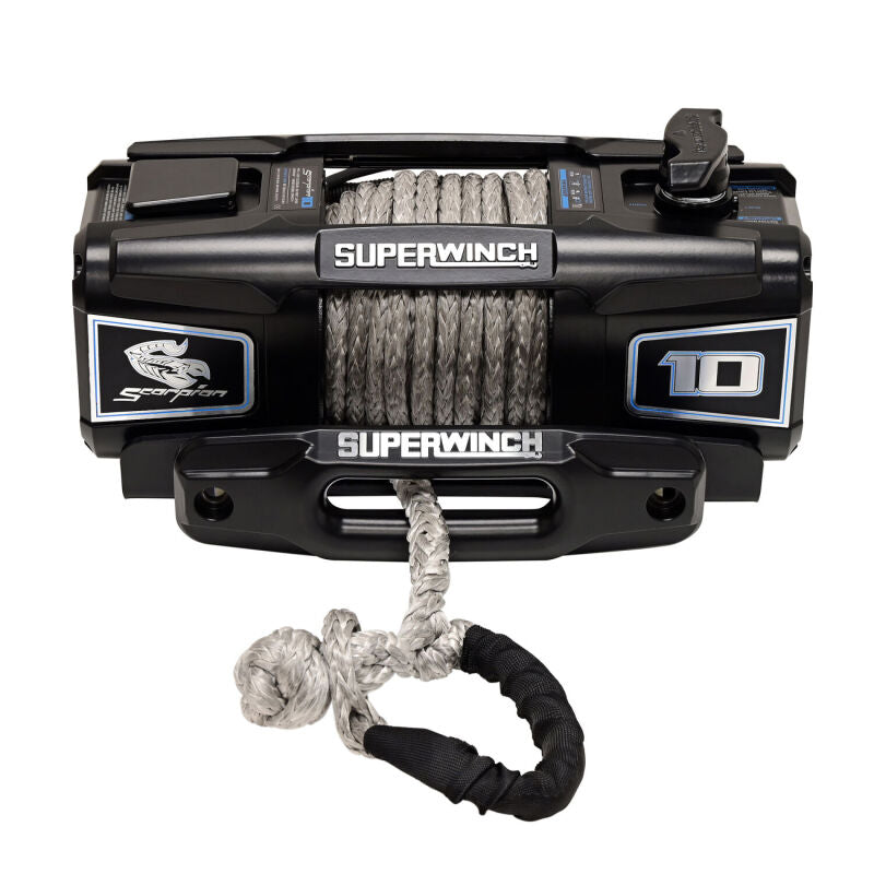 Superwinch Scorpion 10000SR 12V 10,000 lb winch with synthetic rope and black powdercoat finish – front view