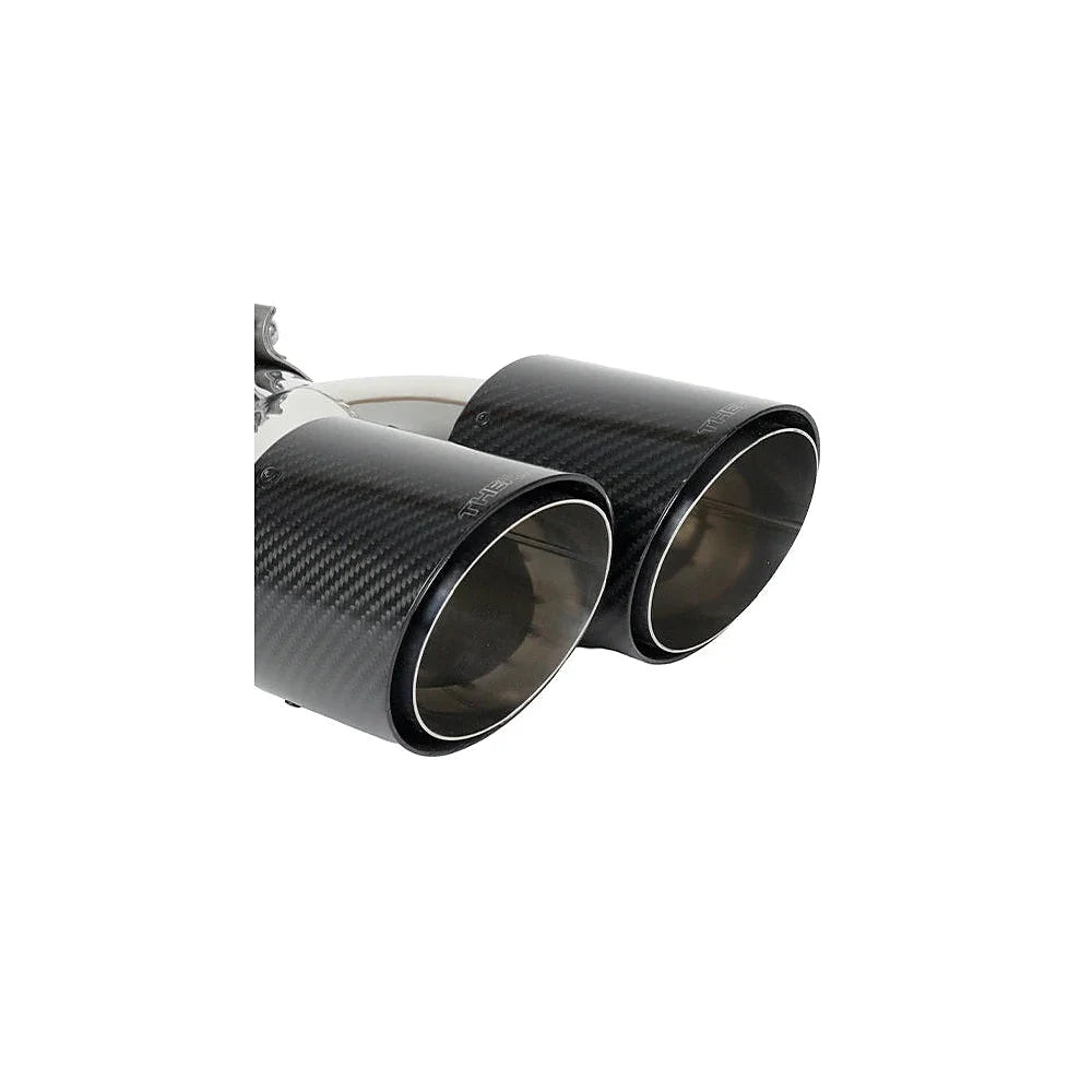 Dual carbon exhaust tip detail for the Thermal R&D Ford Explorer ST catback exhaust