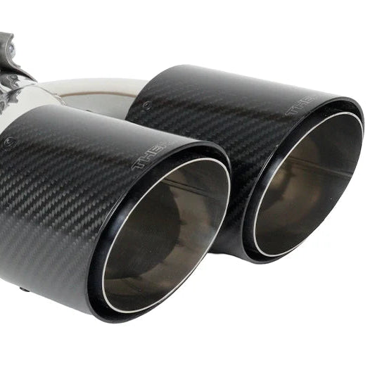 Dual carbon exhaust tip detail for the Thermal R&D Ford Explorer ST catback exhaust