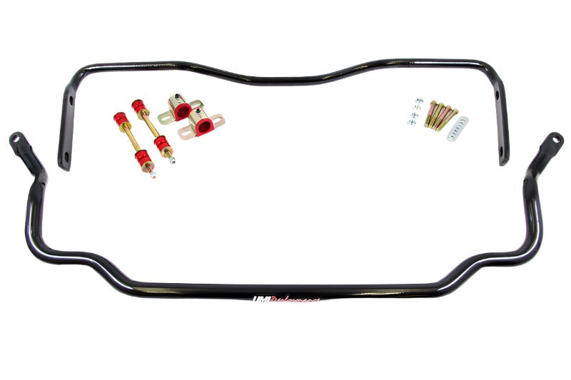 UMI 303534-B solid sway bar kit in gloss black, showing the 1.250 inch front bar with its greaseable bushings, zinc plated clamshells and end links alongside the 1 inch rear bar and its M10 Grade 8 hardware, for 1978-1988 GM G-Body.