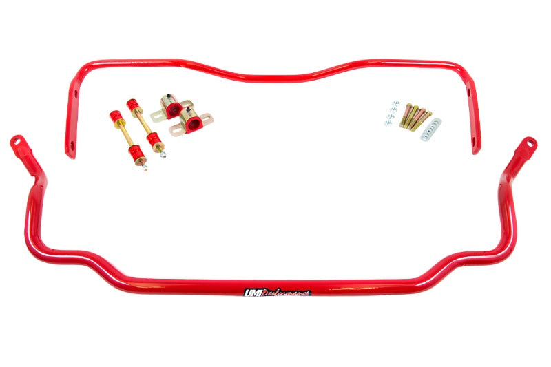 UMI 303534-R solid sway bar kit in bright red, showing the 1.250 inch front bar with greaseable bushings, zinc plated clamshells and end links next to the 1 inch rear bar with its M10 Grade 8 hardware, for 1978-1988 GM G-Body.