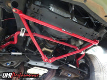 Load image into Gallery viewer, Close detail view of the red powder coated bolt-in front frame reinforcement brace.