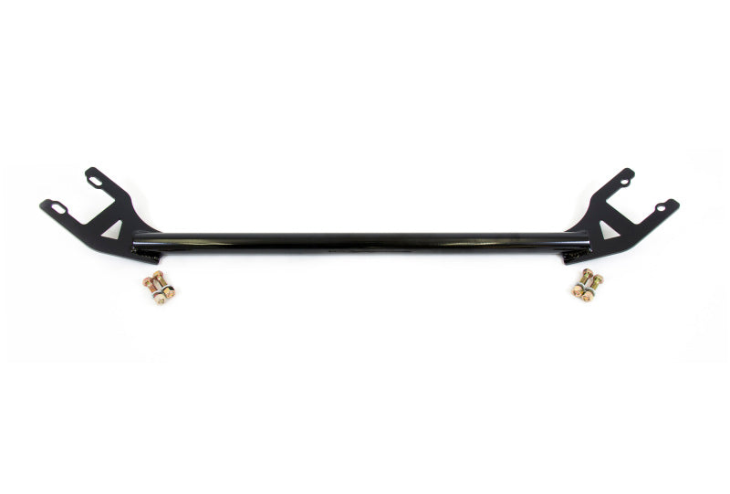 UMI 3055-B gloss black jig built rear shock tower brace with 1-1/4 inch tubing MIG welded to 3/16 inch laser cut brackets with slotted mounting holes, for 1978-1988 GM G-Body.
