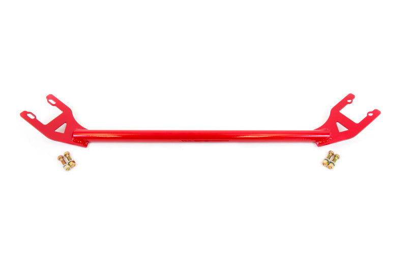 UMI 3055-R bright red bolt-in rear shock tower brace tying the rear upper shock mounts together, 1-1/4 inch tubing with 3/16 inch laser cut end brackets, for 1978-1988 GM G-Body.
