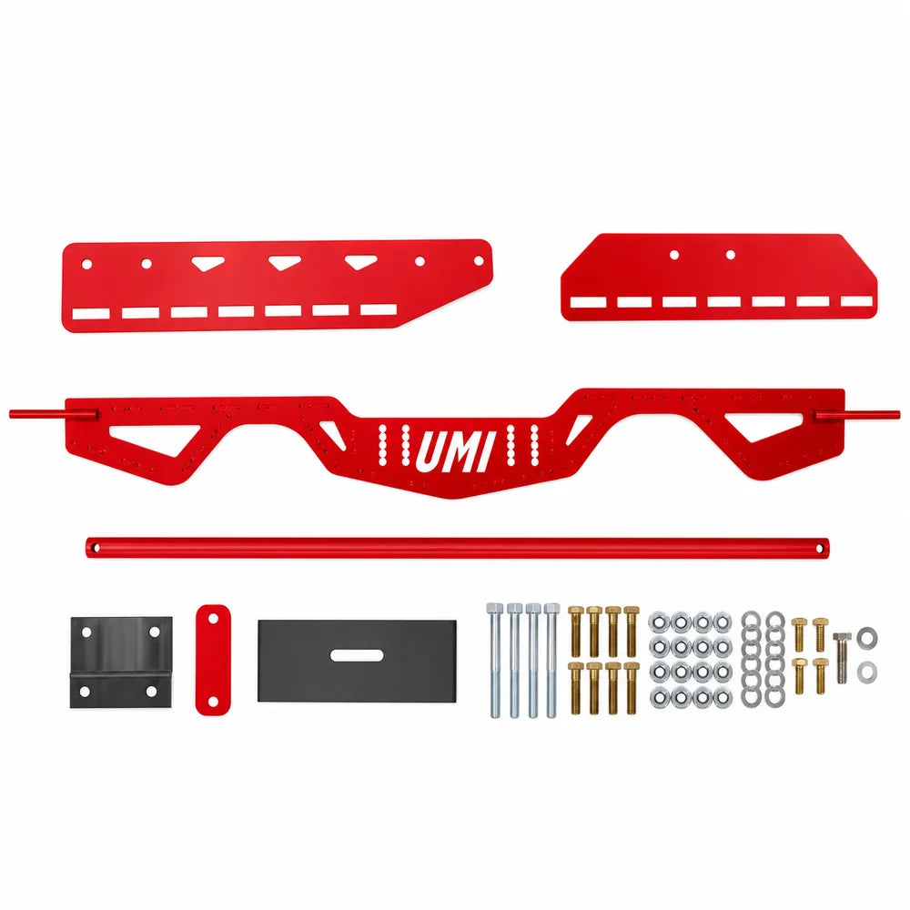 UMI Performance G-Body Transmission Crossmember kit contents flat lay
