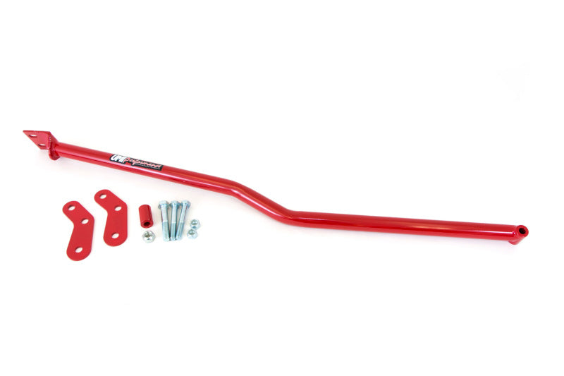 UMI Performance red powder-coated panhard bar relocation kit components for 1982-2002 Camaro and Firebird