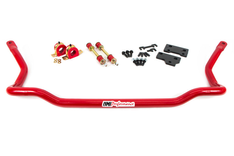 UMI Performance bright red 35mm solid chromoly front sway bar with black relocation brackets for 1982-1992 Camaro and Firebird