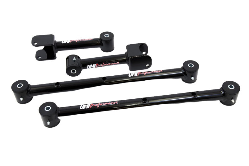 UMI 301516-B black powder coated non-adjustable tubular rear upper and lower control arms with greaseable polyurethane bushings for 1978-1988 GM G-Body.
