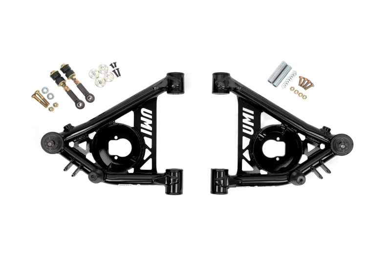 UMI 3031-B black powder coated tubular front lower A-arms with greaseable polyurethane bushings, ball joints and bump stops for GM F-Body, G-Body and 2WD S10.