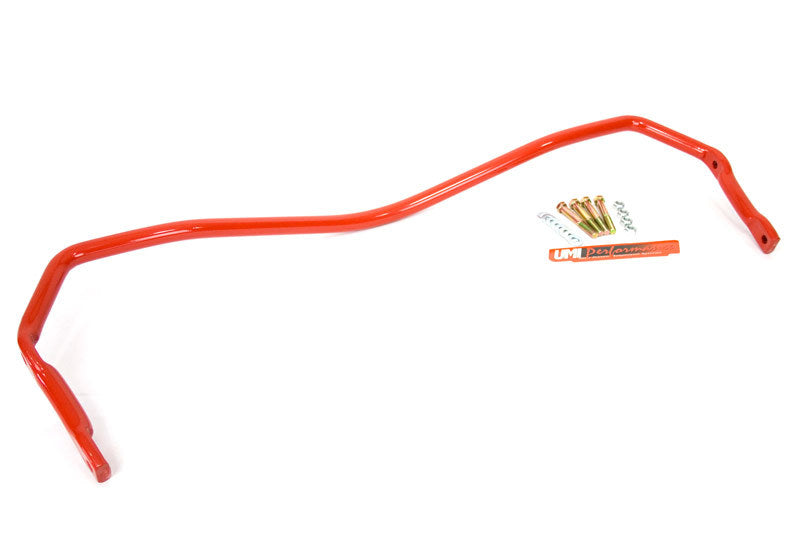 UMI 3034-R one inch solid 4140 chrome moly rear sway bar in bright red powder coat with M10 mounting hardware for 1978-1988 GM G-Body.