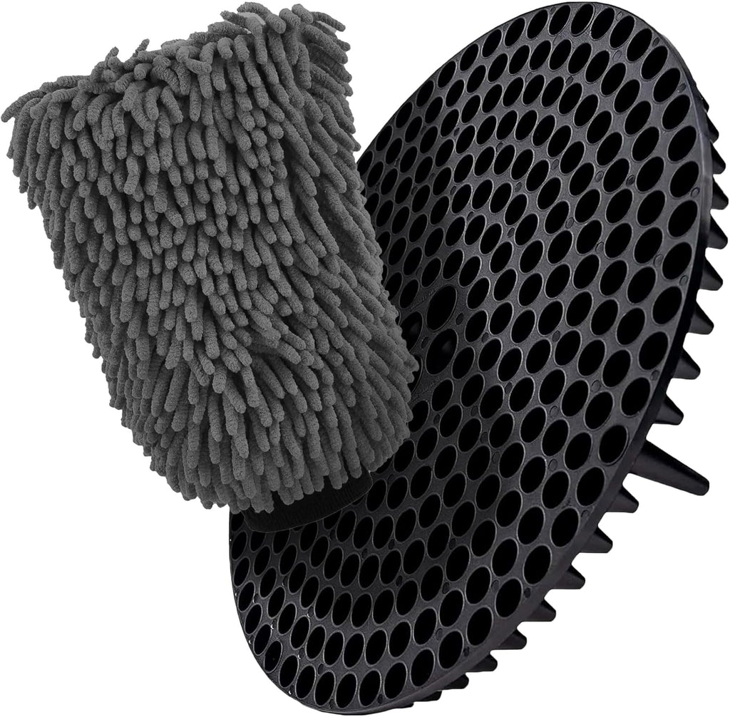 WASH & WHIPS Chenille Premium Scratch-Free Microfiber Lint-Free Blue Wash Mitt 8" x 10"in & Black Pitstop Particle Interceptor