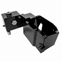 Load image into Gallery viewer, Close-up of the fabricated aluminum coolant reservoir with welded seams and gloss black powder coat finish.