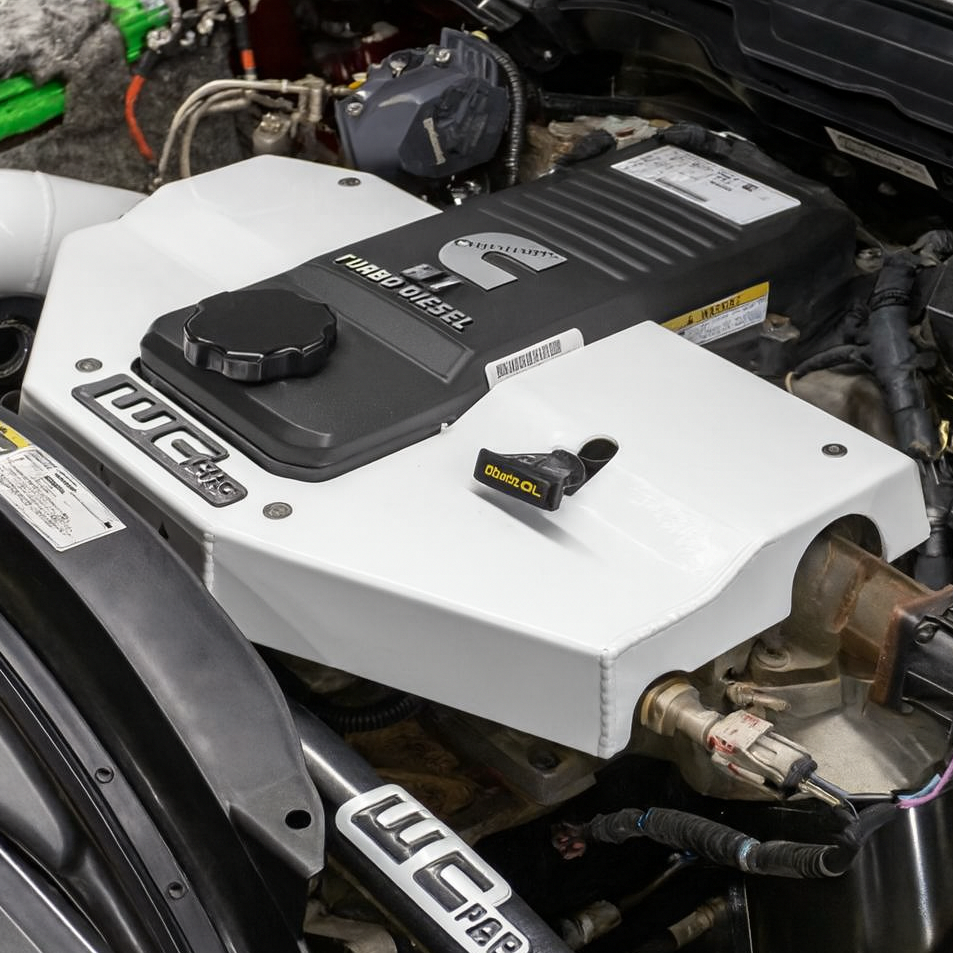 Wehrli WCF100730-GW white engine cover installed on 2020 Ram 3500 Cummins engine bay