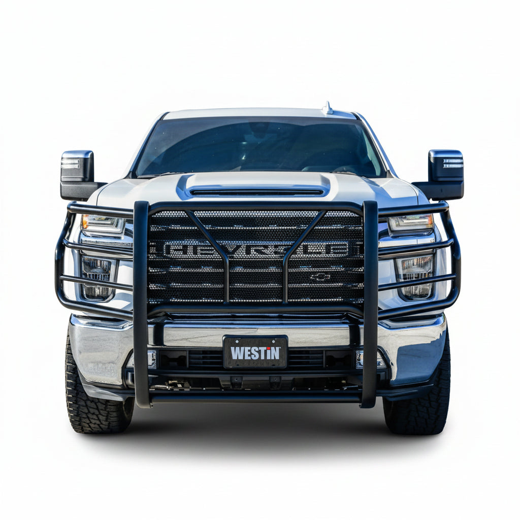 Front three-quarter view of the Westin HDX Modular Grille Guard black powder coat finish showing wraparound wing tubing