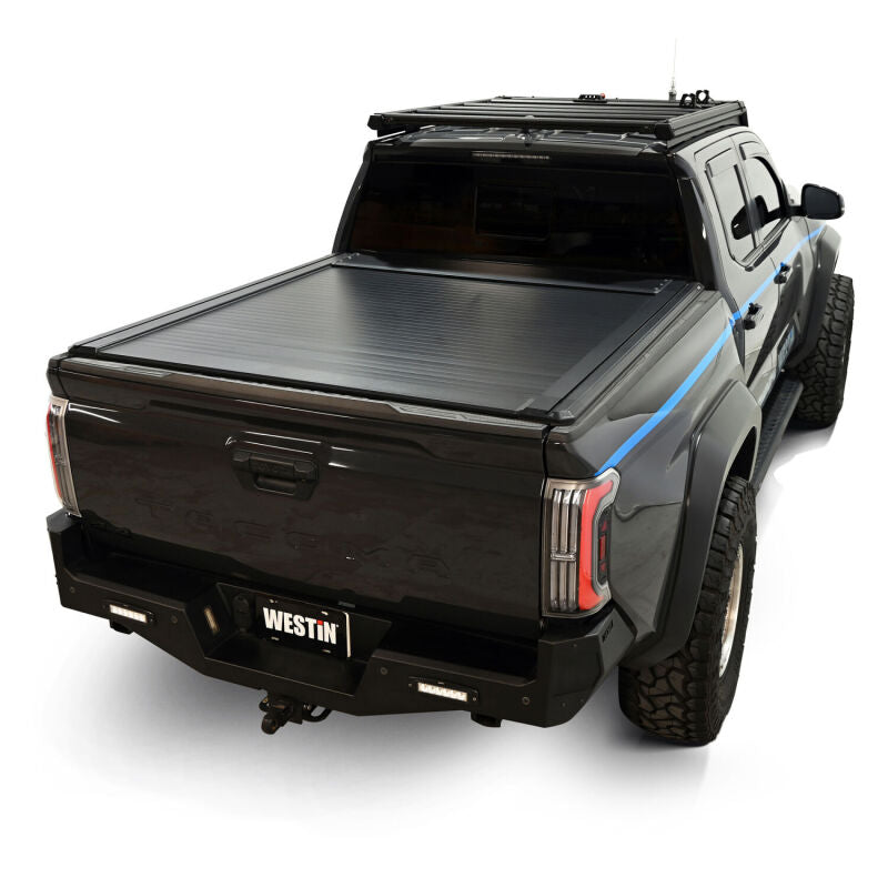 Black powder-coated aluminum slats on the Westin manual retractable tonneau cover