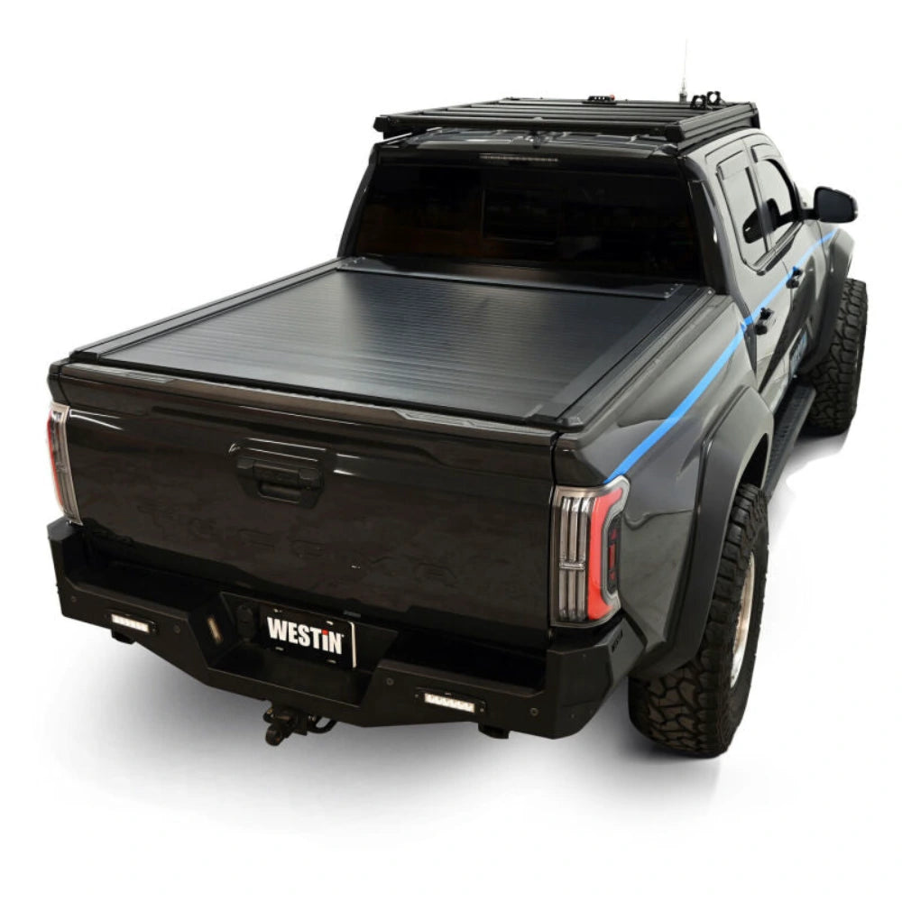 Black powder-coated aluminum slats on the Westin manual retractable tonneau cover
