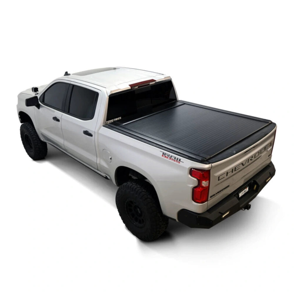 Side profile of the Westin manual retractable tonneau cover on a 2019-2026 Chevrolet Silverado 1500