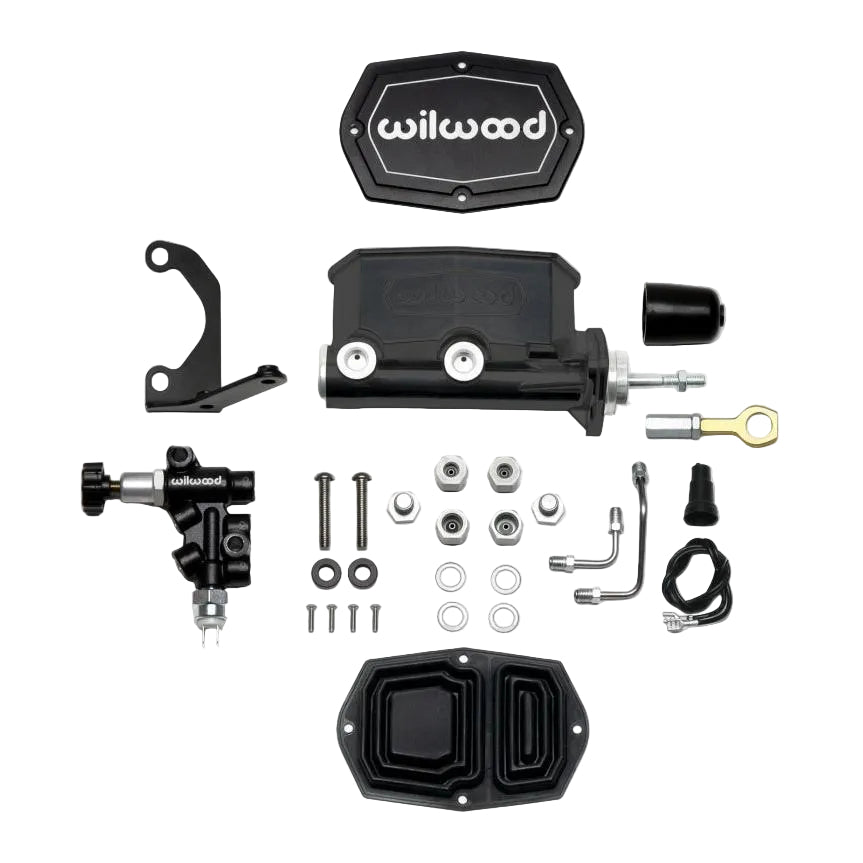 Wilwood Compact Tandem M/C - 1.12in Bore w/Bracket and Valve fits Mustang (Pushrod) - Black Wilwood WIL261-15545-BK