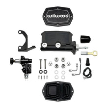 Load image into Gallery viewer, Wilwood Compact Tandem M/C - 1.12in Bore w/Bracket and Valve fits Mustang (Pushrod) - Black Wilwood WIL261-15545-BK