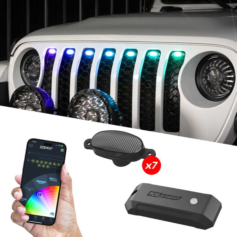 XK Glow 7 piece pre-runner style LED grill pod kit with RGBW color chasing effects