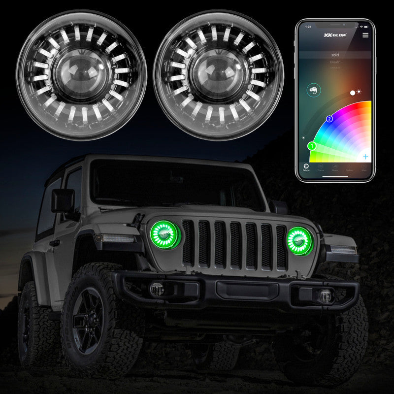 XKchrome 7 inch bi LED switchback headlights with RGB halo for 2018-2023 Jeep Wrangler JL