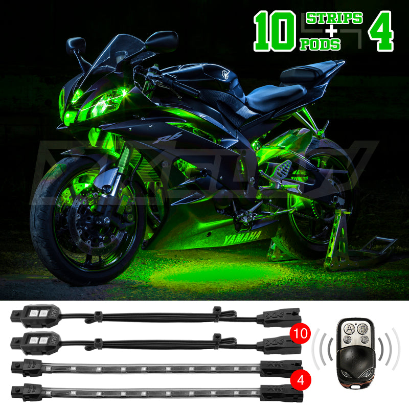 XK Glow Strips Single Color XKGLOW LED Accent Light Motorcycle Kit Green - 10xPod + 4x8In-Light Accessories and Wiring-XKGLOW